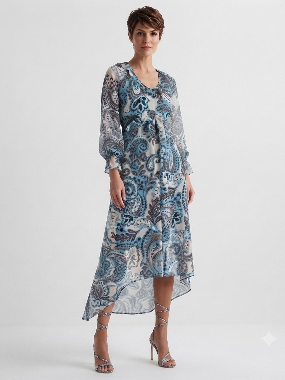 a.n.a Womens Long Sleeve High-Low Paisley A-Line Dress